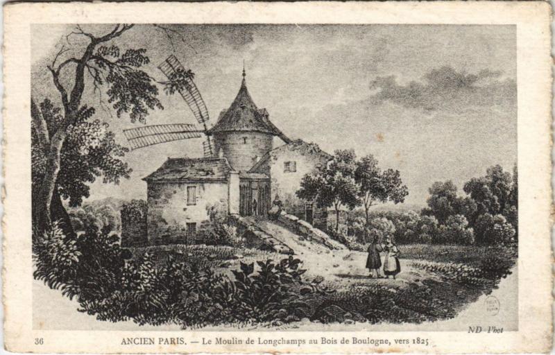 Carte postale ancienne Le Moulin de Longchamp, au Bois de Boulogne, vers 1825 à Paris 16e