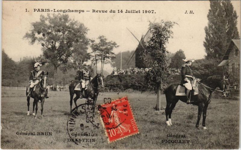 Carte postale ancienne Longchamps — Revue du 14 Juillet 1907 - Général Brun - Général - Darstein Général Picquart à Paris 16e
