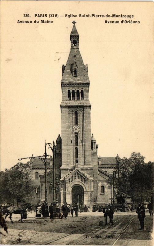 Carte postale ancienne Eglise Saint-Pierre-de-Montrouge - Avenue du Maine - Avenue d'Orléans à Paris 14e