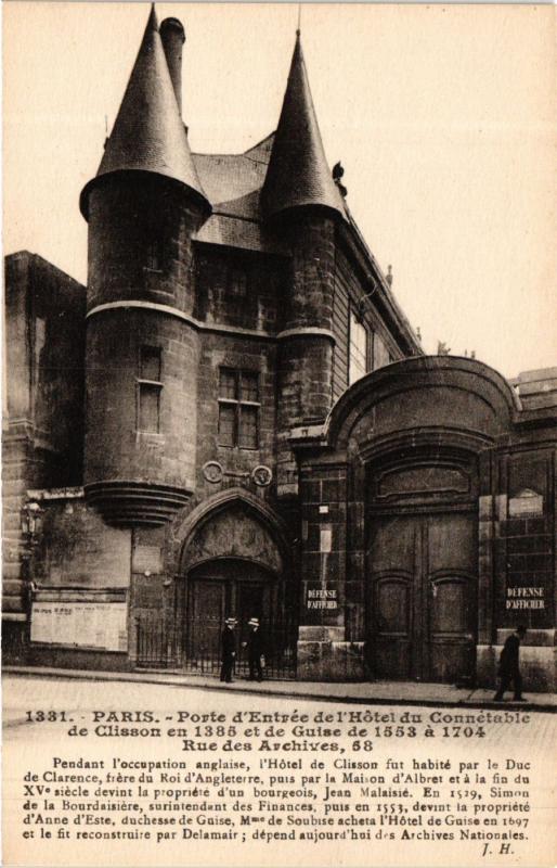 Carte postale ancienne Paris 3e Paris-Porte d'Entrée de l'Hotel du Connétable de Clisson à Paris 3e