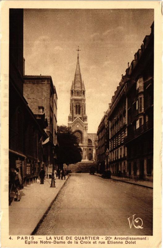 Carte postale ancienne Eglise Notre-Dame de la Croix et rue Etienne Dolet à Paris 20e