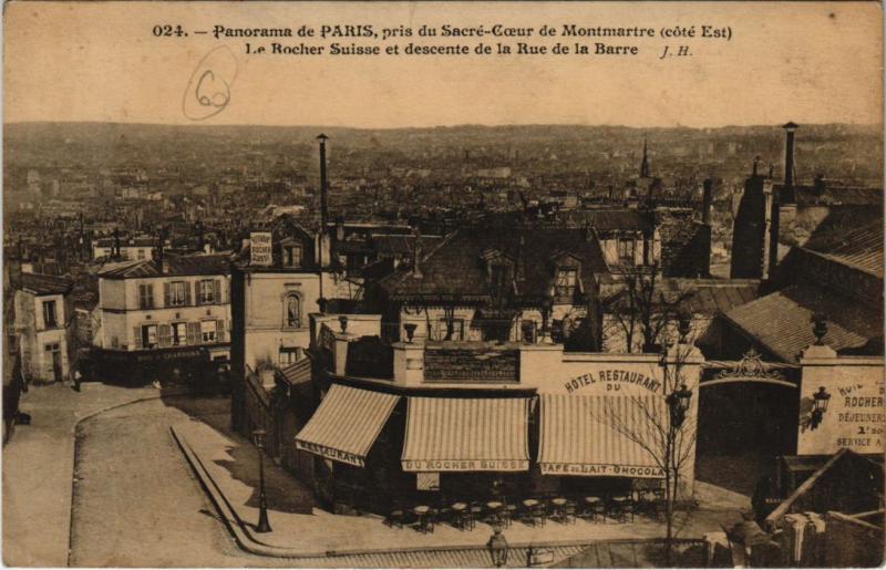 Carte postale ancienne Panorama de Paris, pris du Sacré-Coeur de Montmartre (côté Est) - Le Rocher Suisse et descente de la Rue de la Barre à Paris 18e