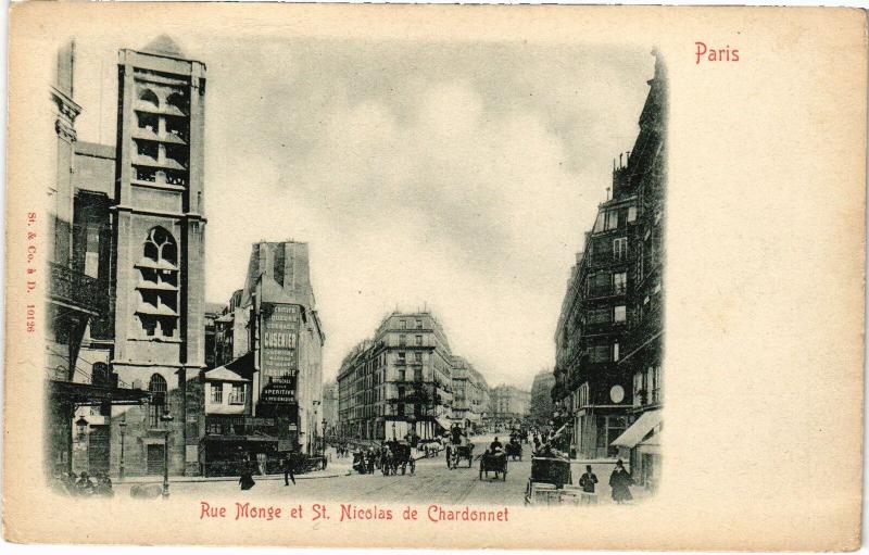 Carte postale ancienne Paris 5e - Rue Monge et St. Nicolas de Chardonnet à Paris 5e