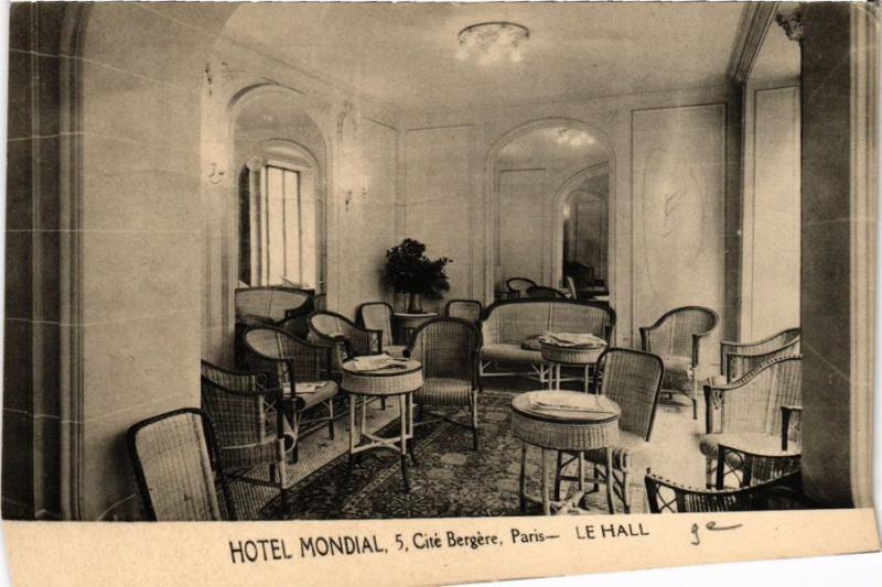 Carte postale ancienne Hôtel Mondial - cité Bergère - Le hall à Paris 9e
