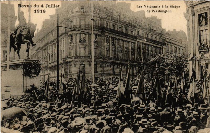 Carte postale ancienne Revue du 4 Juillet 1918 - Les Vétérants à la Statue de Washington à Paris 16e