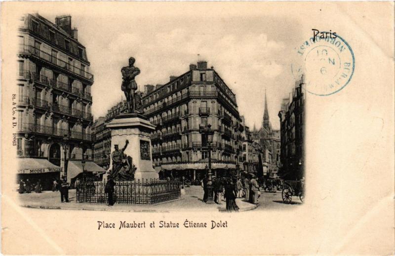Carte postale ancienne Paris 5e-Place Maubert et Statue Etienne Dolet à Paris 5e