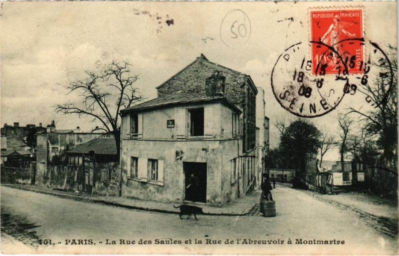 Carte postale ancienne La Rue des Saules et la Rue de l'Abreuvoir à Montmartre à Paris 18e