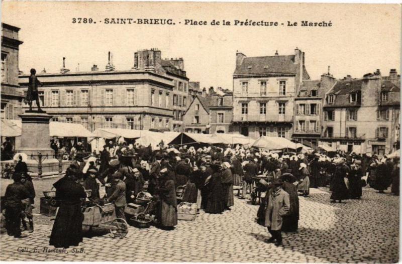 Carte postale ancienne Saint-Brieuc-Place de la Préfecture-Le Marché à Saint-Brieuc
