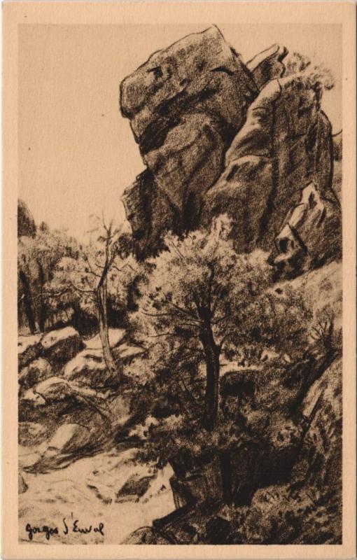 Carte postale ancienne Dans les Gorges d'Enval - Dessin Clementel à Enval