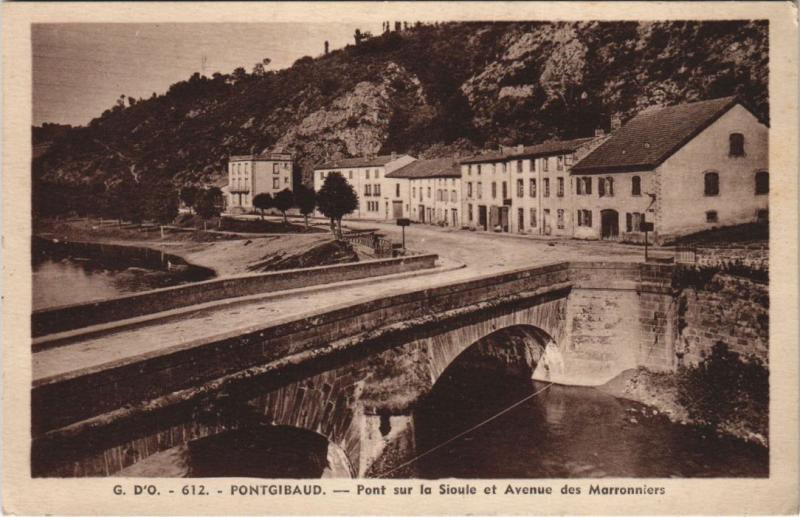 Carte postale ancienne Pontgibaud Pont sur la Sioule et Avenue des Marronniers à Pontgibaud