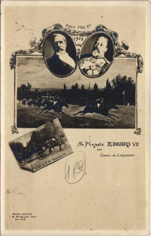 Carte postale ancienne Sa Majesté Edouard VII aux Courses de Longchamp à Paris 16e