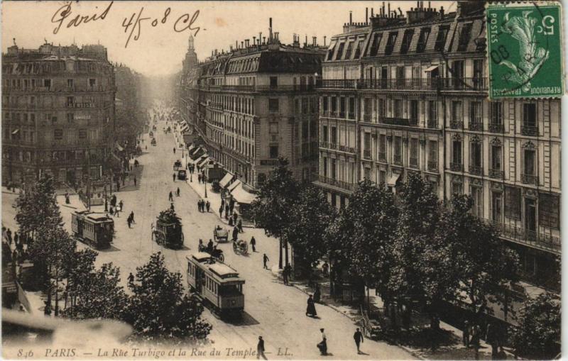 Carte postale ancienne Tramway Paris 3e Rue Turbigo Rue du Temple à Paris 3e