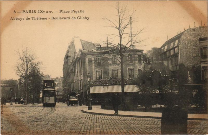 Carte postale ancienne Tramway Paris 9e Place Pigalle Abbaye de Théleme à Paris 9e