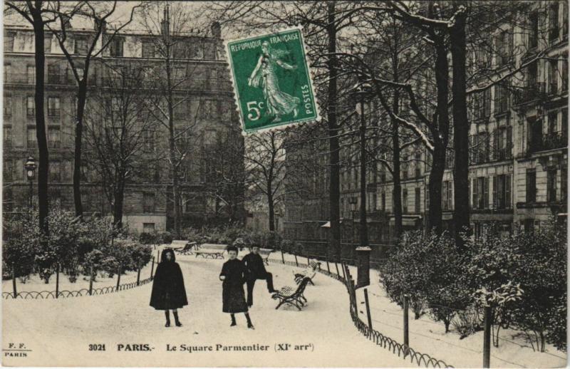 Carte postale ancienne Paris 11e Sqaure Parmentier en hiver à Paris 11e