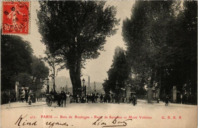 Carte postale ancienne Bois de Boulogne - Porte de Suresnes et Mont Valérien à Paris 16e