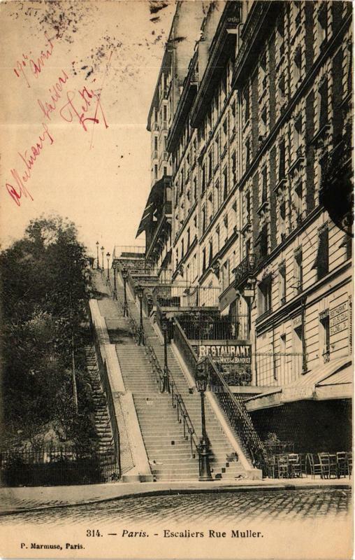 Carte postale ancienne Escaliers Rue Muller à Paris 18e