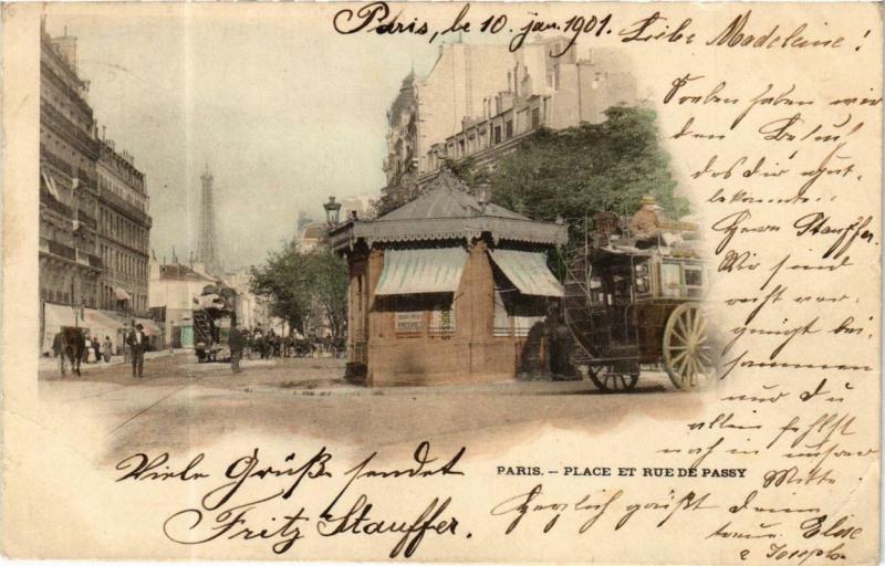 Carte postale ancienne Place et rue de Passy à Paris 16e