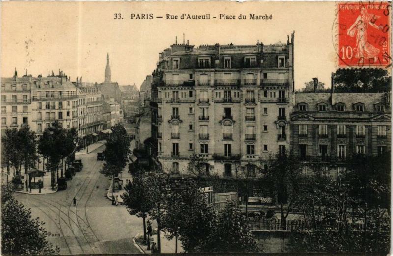 Carte postale ancienne Auteuil - Rue d'Auteuil et Place du Marché à Paris 16e