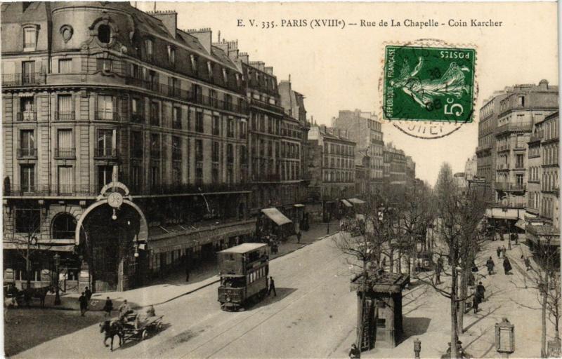 Carte postale ancienne Rue de la Chapelle coin Karcher à Paris 18e
