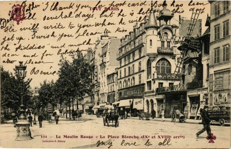 Carte postale ancienne Le Moulin Rouge - La Place Blanche à Paris 9e