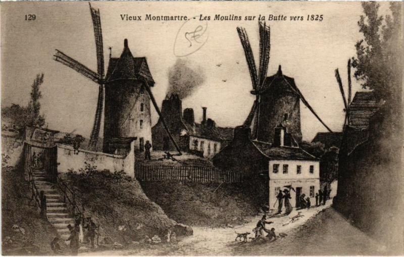 Carte postale ancienne Vieux Montmartre - Les Moulins sur la Butte vers 1825 à Paris 18e