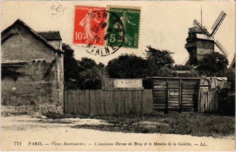 Carte postale ancienne Vieux-Montmartre - L'Ancienne Ferme de Bray et le Moulin de la Galette à Paris 18e