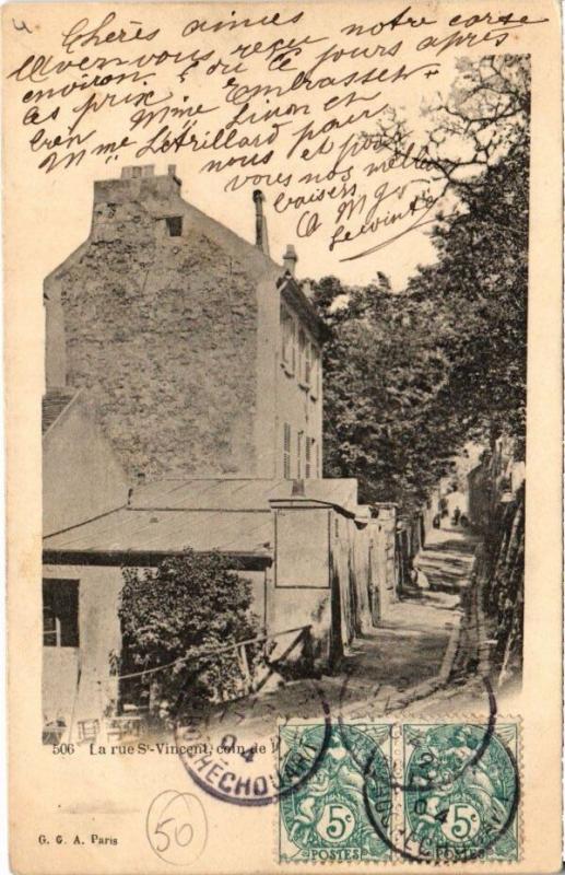 Carte postale ancienne La Rue Saint-Vincent, coin de la rue des Saules à Montmartre à Paris 18e