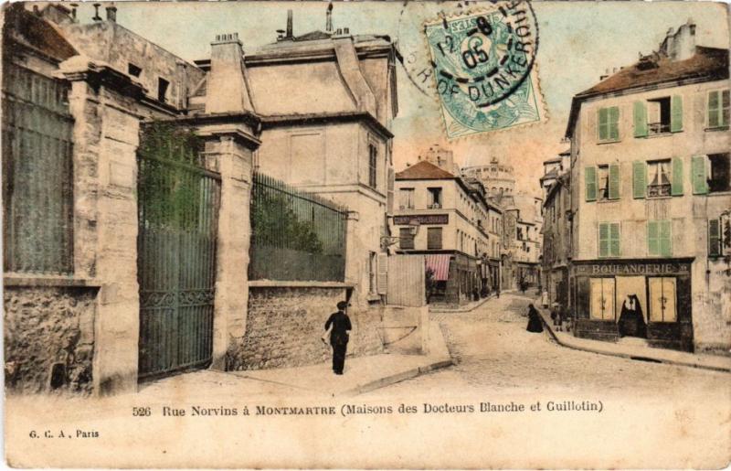 Carte postale ancienne Montmartre - Rue Norvins (Maison des docteurs Guillotin et Blanche) à Paris 18e