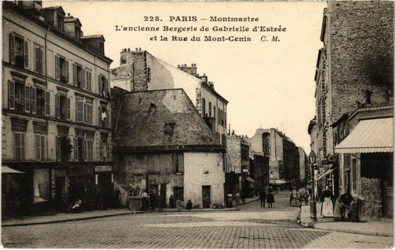 Carte postale ancienne Montmartre - L'ancienne Bergerie de Gabrielle d'Estrée et la Rue du Mont-Cenis à Paris 18e