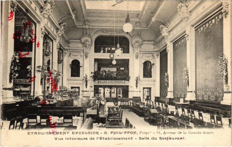 Carte postale ancienne Etablissement Excelsior - Avenue de la Grande-Armée - Vue intérieure de l'Etablissement - Salle du Restaurant à Paris 16e