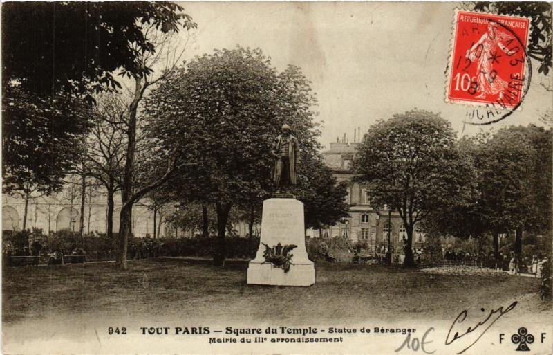 Carte postale ancienne Paris 3e Paris-Square du Temple-Statue de Béranger à Paris 3e