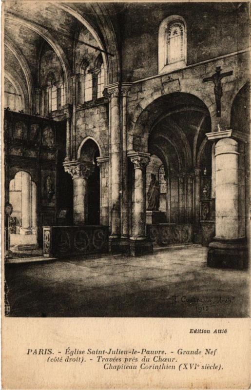 Carte postale ancienne Paris 5e-Eglise Saint-Julien Le Pauvre-Grande Nef à Paris 5e