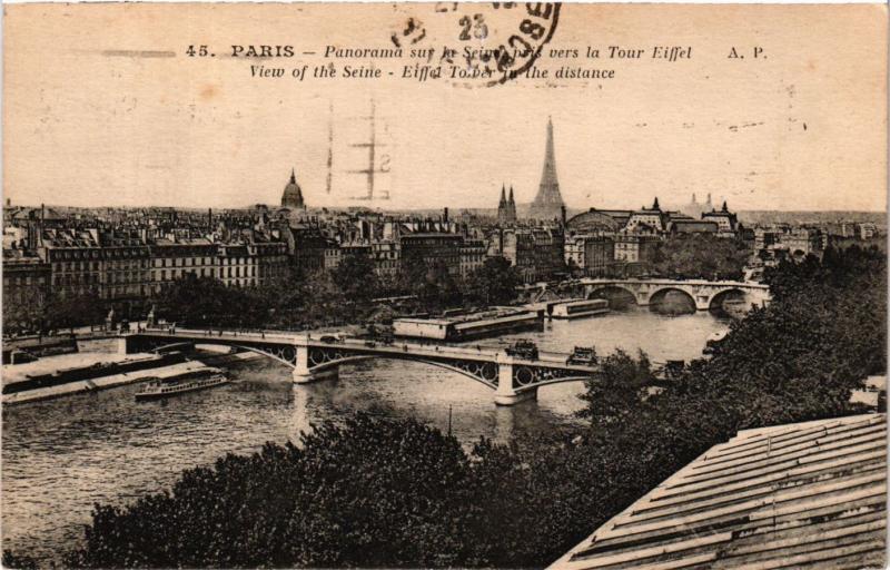 Carte postale ancienne Paris Panorama sur la Seine pris vers la Tour Eiffel