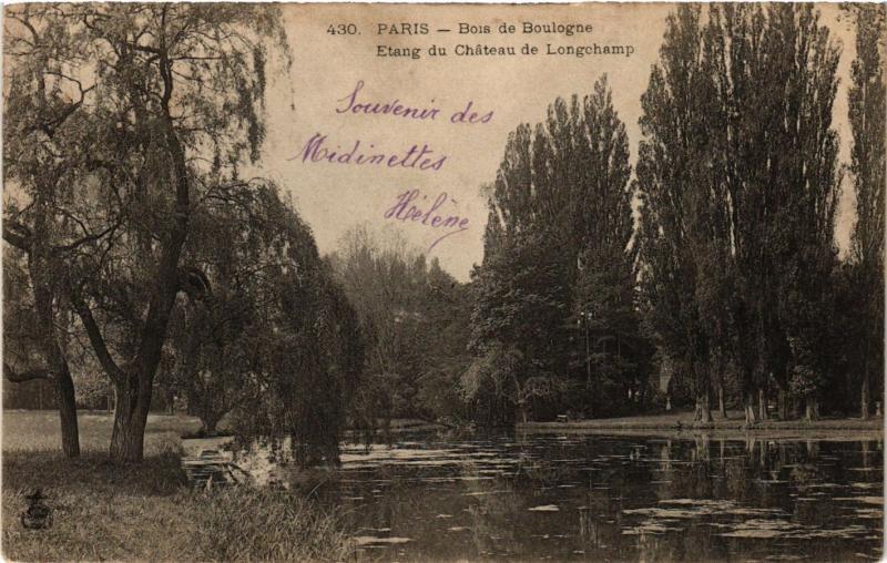 Carte postale ancienne Bois de Boulogne - Etang du Château de Longchamp à Paris 16e