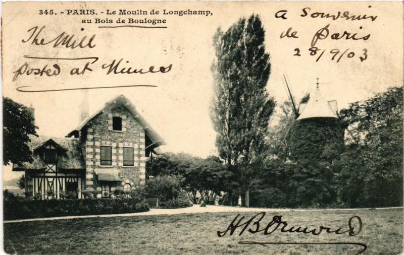 Carte postale ancienne Le Moulin de Longchamp, au Bois de Boulogne à Paris 16e