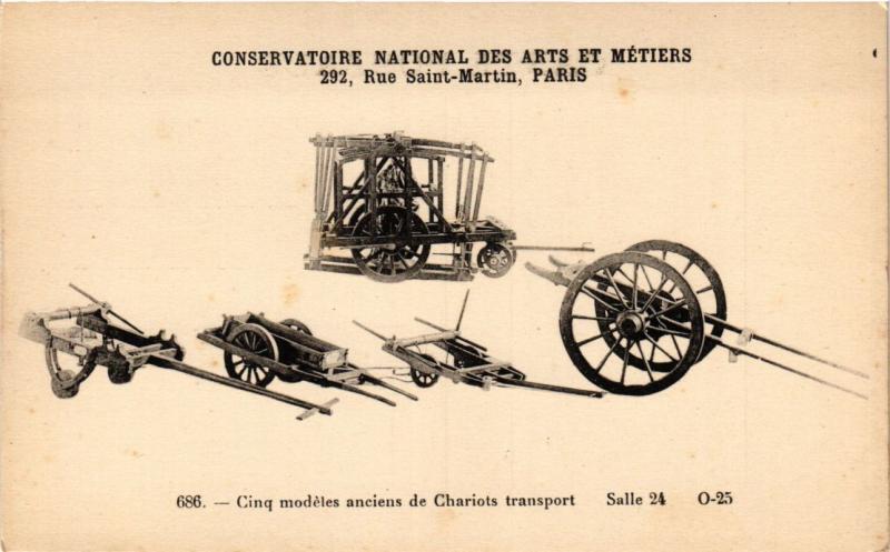 Carte postale ancienne Paris (3e) Cnam - 5 modeles anciens de Chariots transport à Paris 3e