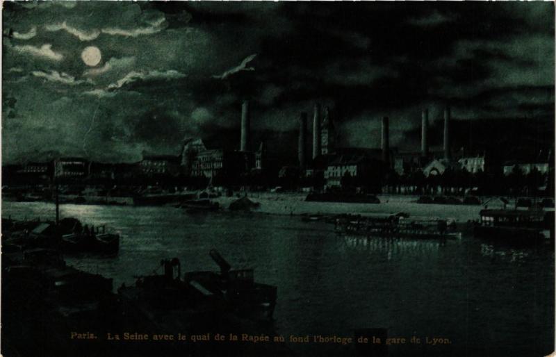 Carte postale ancienne La Seine avec le quai de la Rapée, au fond l'horloge de la gare de Lyon à Paris 13e