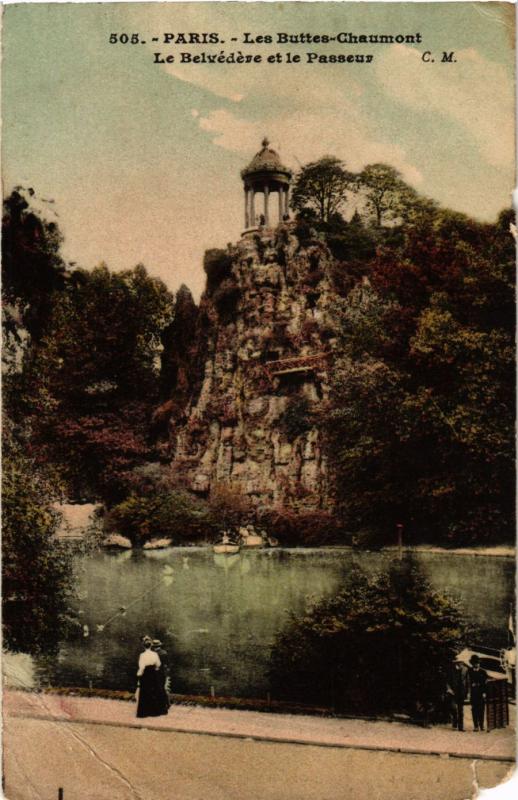 Carte postale ancienne Les Buttes-Chaumont - Le Belvédère et le Passeur à Paris 19e