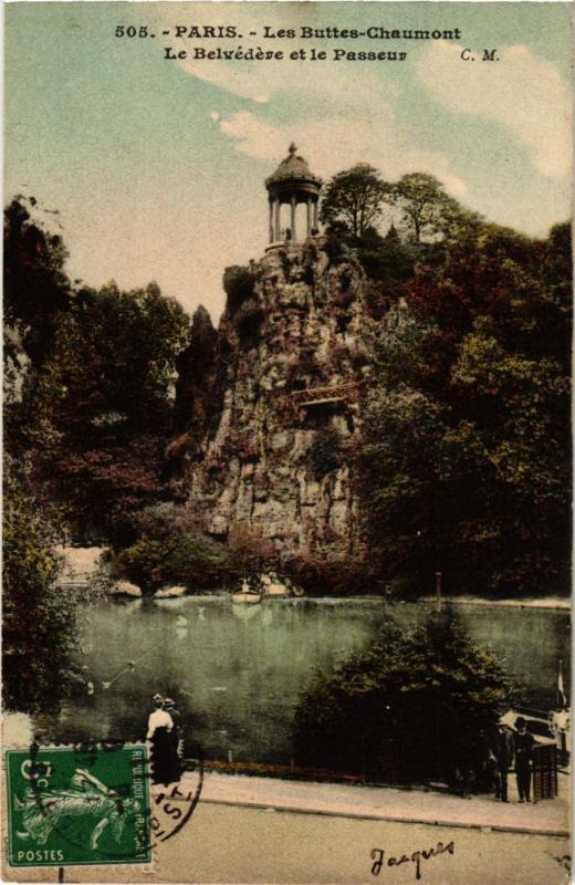 Carte postale ancienne Les Buttes-Chaumont - Le Belvédère et le Passeur à Paris 19e