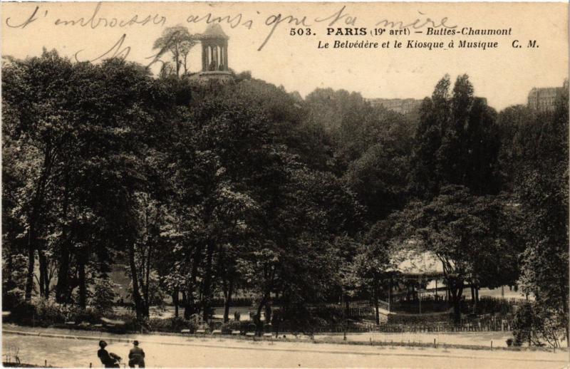 Carte postale ancienne Buttes-Chaumont - Le Belvédère et le Kiosque à Musique à Paris 19e