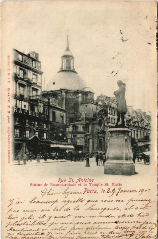 Carte postale ancienne Paris 4e - Rue St. Antoine - Statue de Beaumarchais à Paris 4e