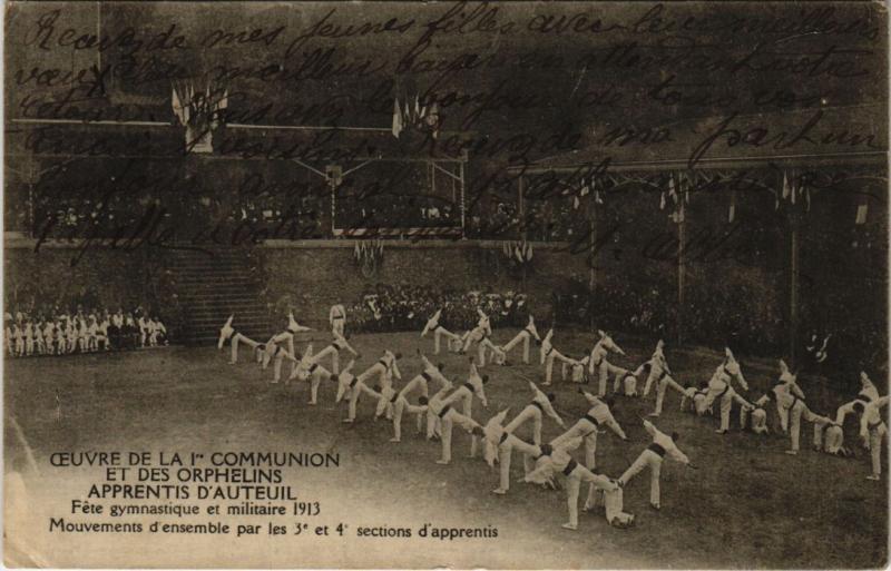 Carte postale ancienne Oeuvre de la Ière Communion et des Orphelins - Apprentis d'Auteuil - Fête gymnastique et militaire à Paris 16e
