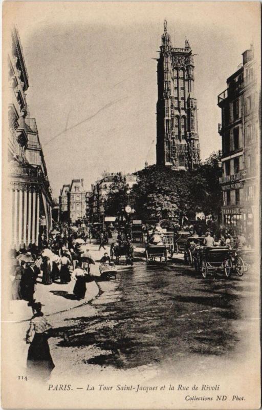 Carte postale ancienne Paris 4e - La Tour Saint-Jacques et la Rue de Rivoli à Paris 4e