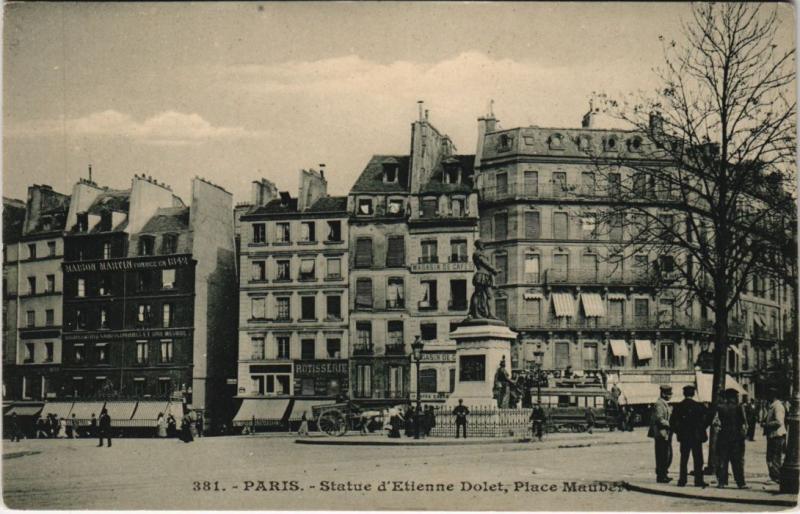 Carte postale ancienne Paris 5e - Statue d'Etienne Dolet, Place Mauber à Paris 5e
