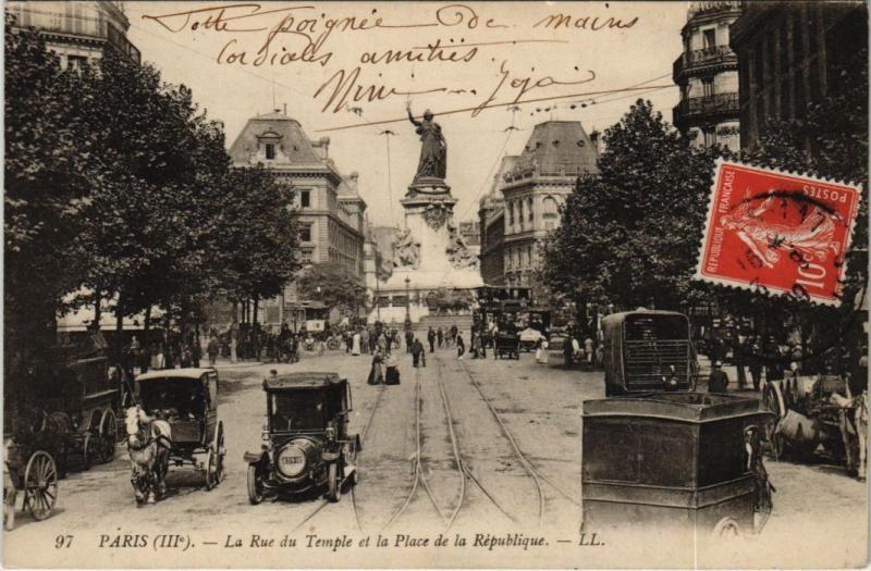 Carte postale ancienne Paris 3e - La Rue du Temple et la Place de la République à Paris 3e