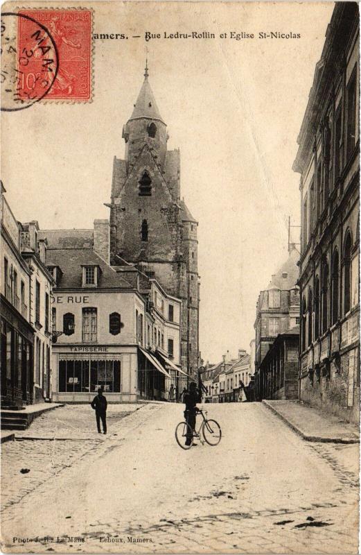 Carte postale ancienne Mamers Rue Ledru Rollin Eglise Saint-Nicolas à Mamers