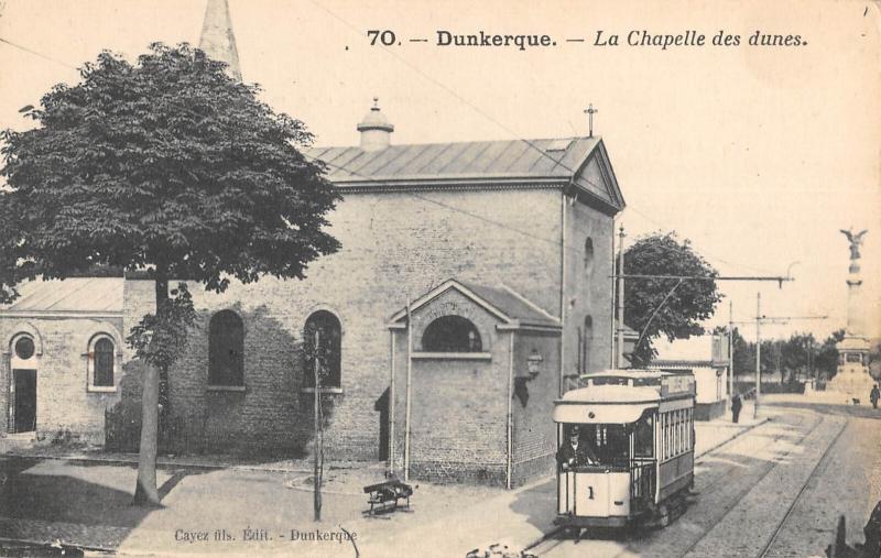 Carte postale ancienne Dunkerque - La Chapelle Des Dunes - Tramway à Dunkerque
