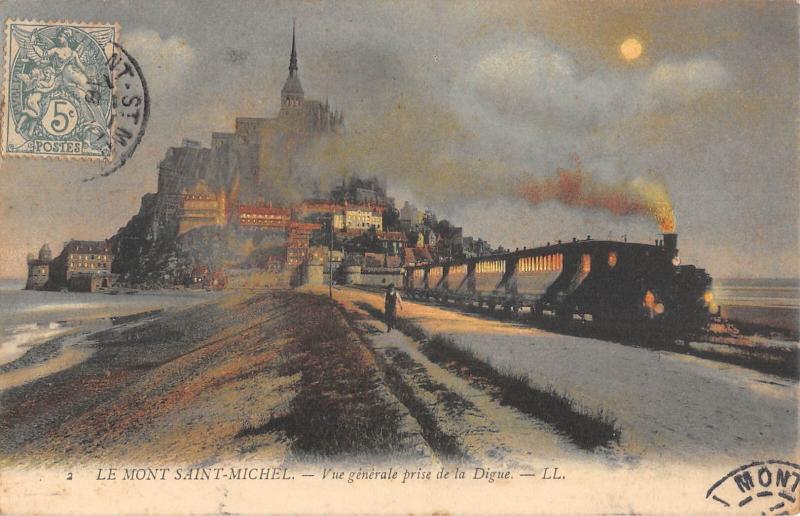 Carte postale ancienne Le Mont Saint Michel - Vue Generale Prise De La Digue - Train au Mont-Saint-Michel