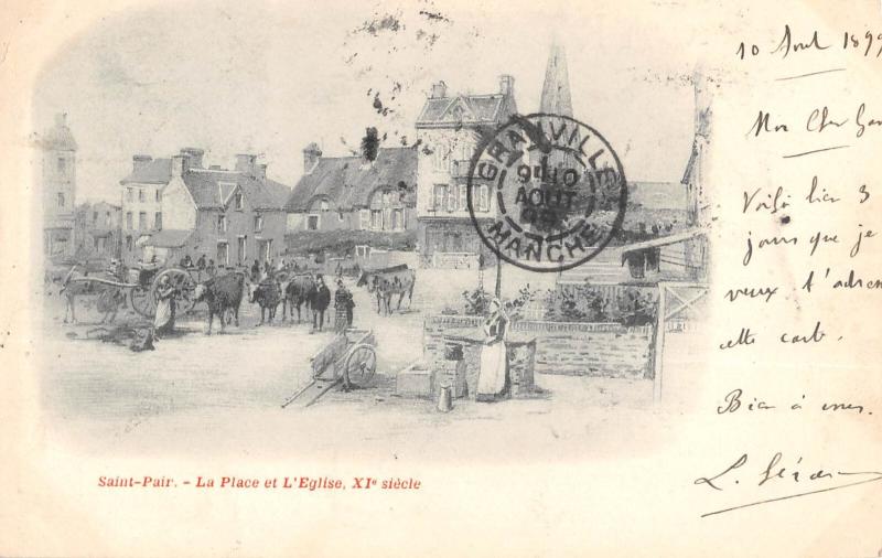 Carte postale ancienne Saint Pair Sur Mer - La Place Et L'Eglise à Saint-Pair-sur-Mer