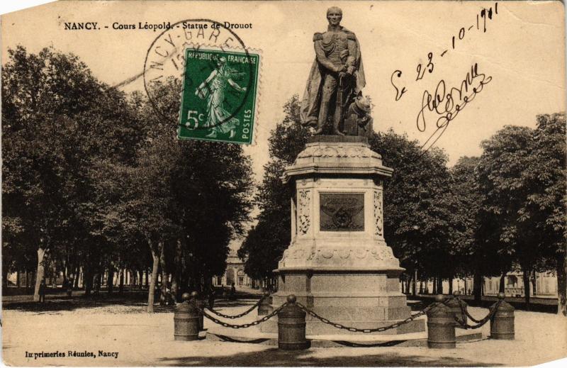 Carte postale ancienne Nancy Cours Leopold Statue de Drouot à Nancy
